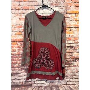 Lunieva long sleeve maroon gray paisley dress cotton women's size small
